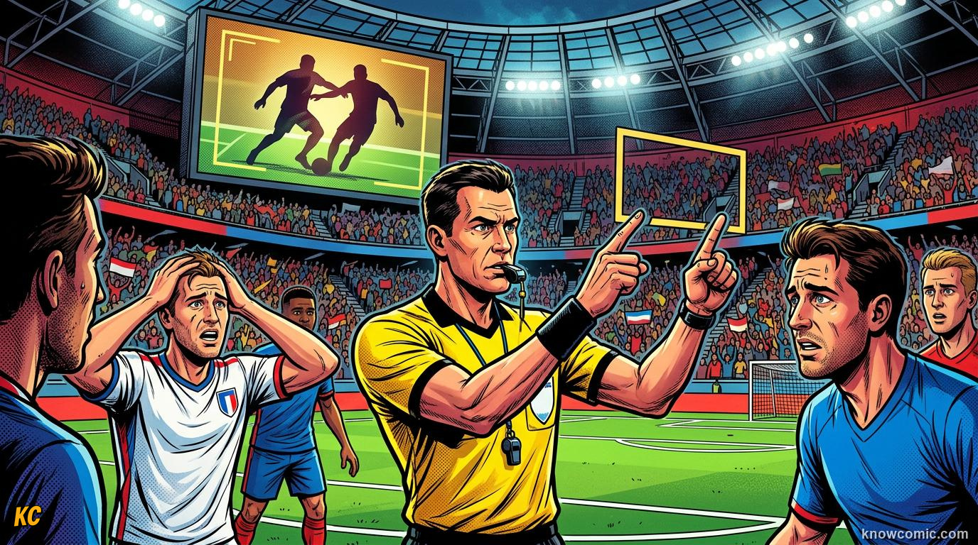 Comic panel titled when var steps in, labelled clear and obvious, from the KnowComic World Cup 2026 lesson on var & goal-line technology