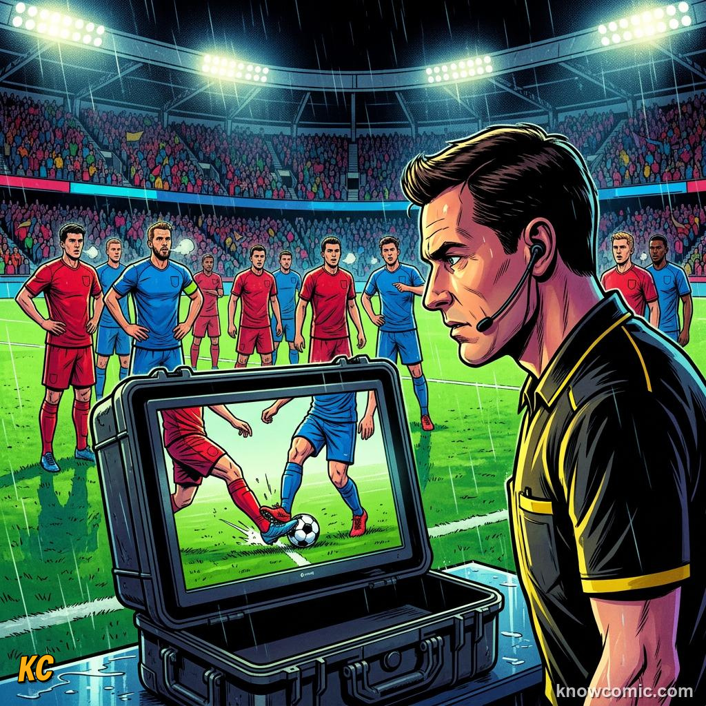Comic panel titled when var steps in, labelled check, from the KnowComic World Cup 2026 lesson on var & goal-line technology
