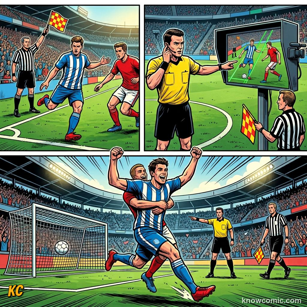Comic panel titled when var steps in, labelled overturn, from the KnowComic World Cup 2026 lesson on var & goal-line technology