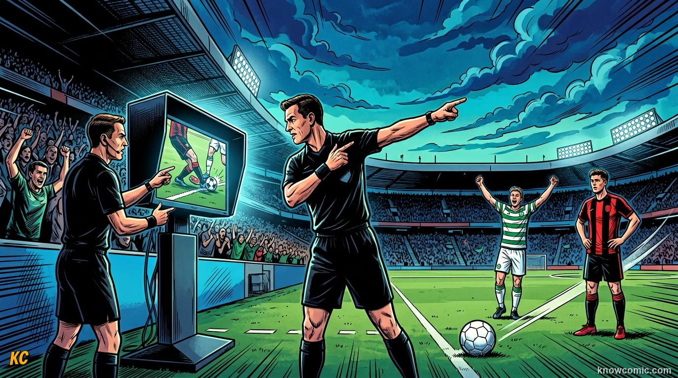 Comic panel titled the whole ball must cross, labelled did it cross, from the KnowComic World Cup 2026 lesson on var & goal-line technology