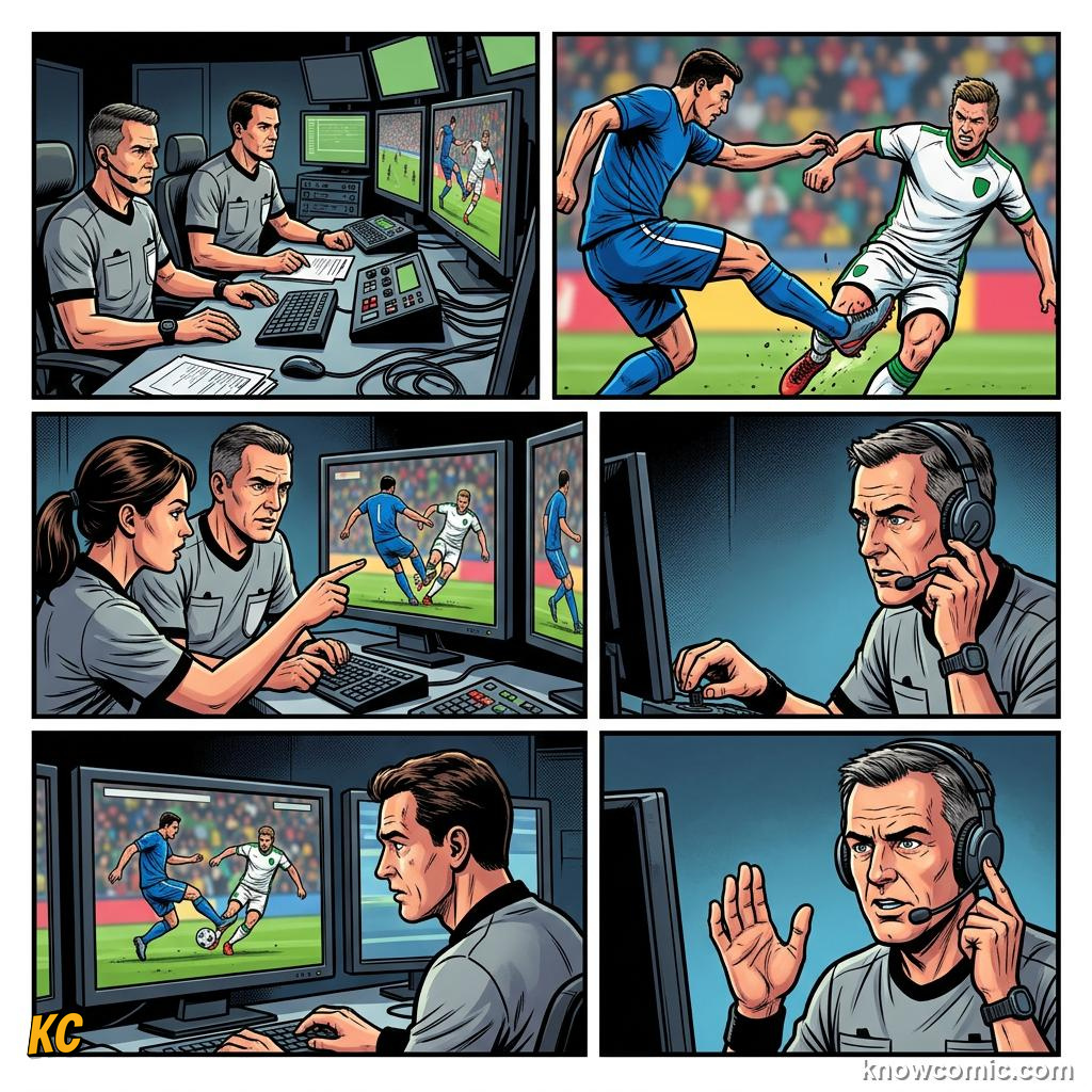 Comic panel titled why fans still argue, labelled sensors, from the KnowComic World Cup 2026 lesson on var & goal-line technology