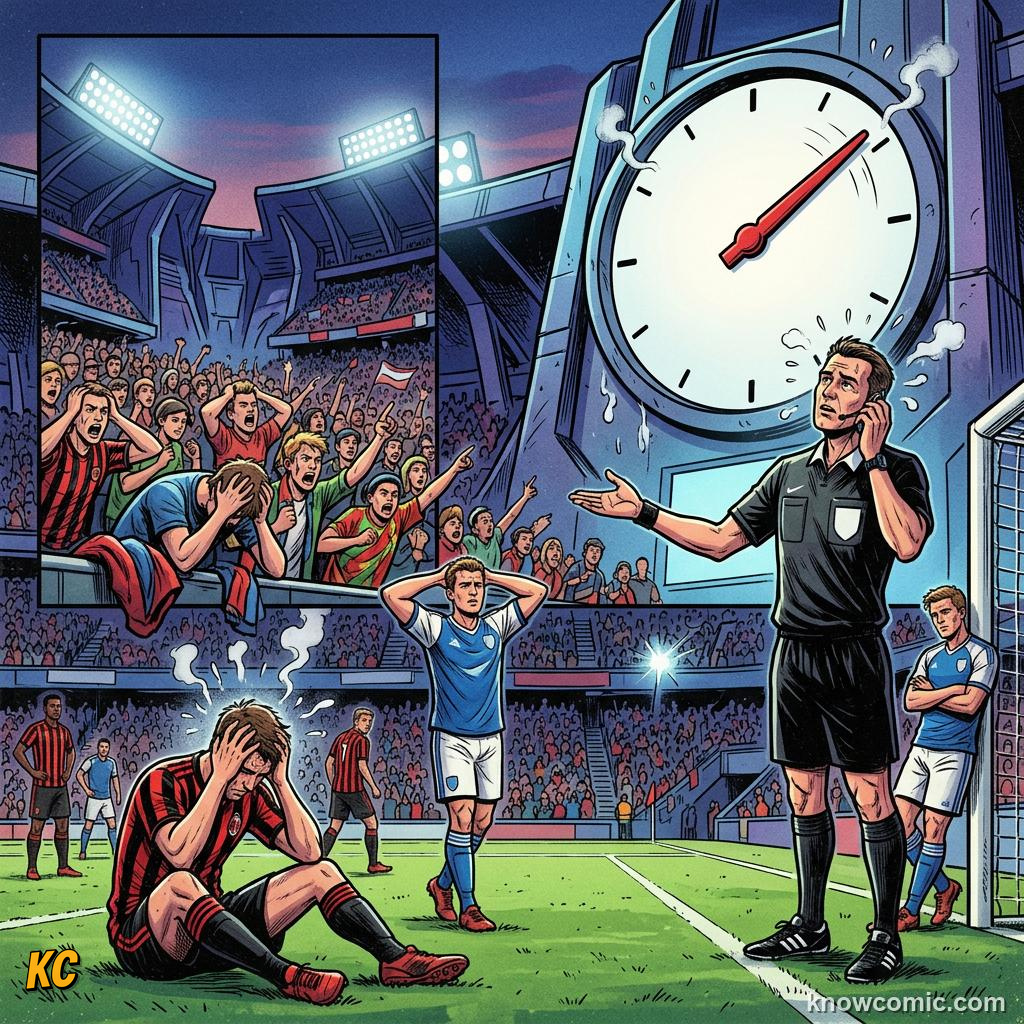 Comic panel titled why fans still argue, labelled hawk-eye, from the KnowComic World Cup 2026 lesson on var & goal-line technology