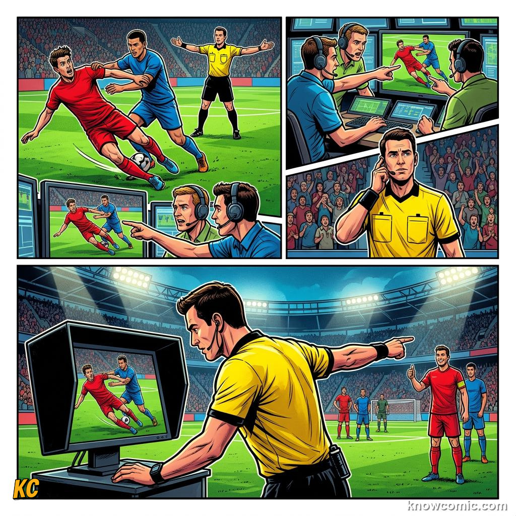 Comic panel titled why fans still argue, labelled instant, from the KnowComic World Cup 2026 lesson on var & goal-line technology