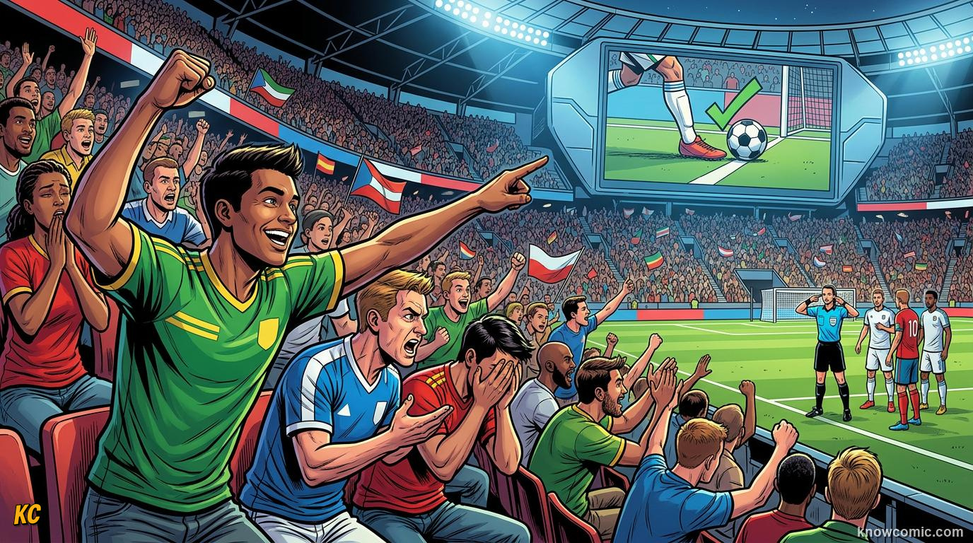 Comic panel titled why fans still argue, labelled the debate, from the KnowComic World Cup 2026 lesson on var & goal-line technology