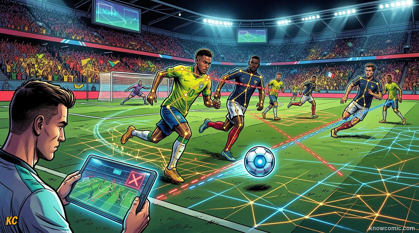 Comic panel titled why offside is so hard, labelled beyond human eyes, from the KnowComic World Cup 2026 lesson on robot linesmen & auto offside