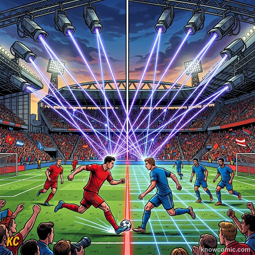 Comic panel titled the ball knows where it is, labelled the rule, from the KnowComic World Cup 2026 lesson on robot linesmen & auto offside