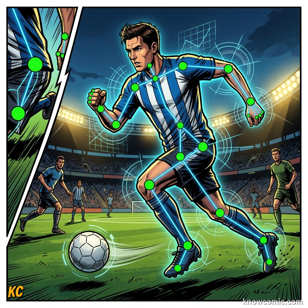 Comic panel titled the ball knows where it is, labelled the fix, from the KnowComic World Cup 2026 lesson on robot linesmen & auto offside