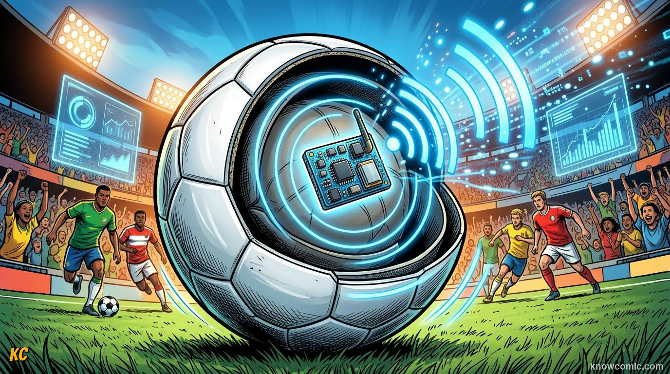 Comic panel titled the ball knows where it is, labelled smart ball, from the KnowComic World Cup 2026 lesson on robot linesmen & auto offside