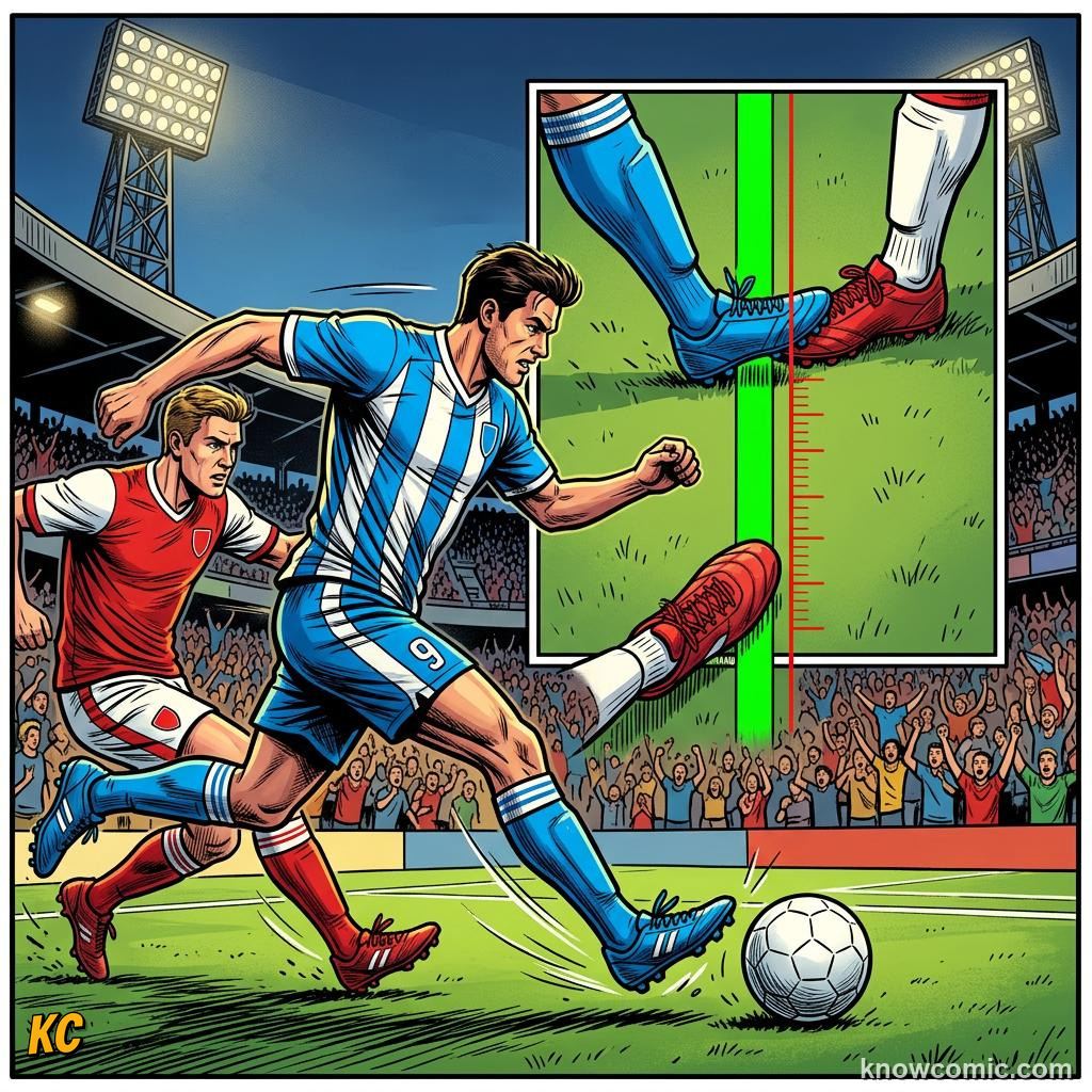 Comic panel titled body point tracking, labelled antennas, from the KnowComic World Cup 2026 lesson on robot linesmen & auto offside