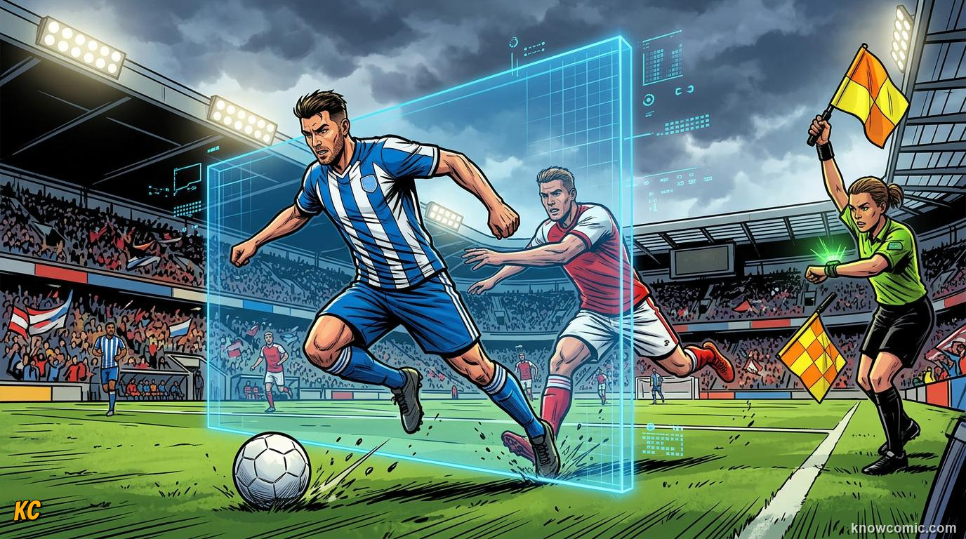 Comic panel titled body point tracking, labelled ai vision, from the KnowComic World Cup 2026 lesson on robot linesmen & auto offside