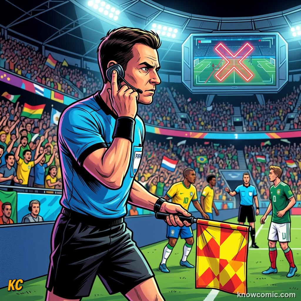 Comic panel titled body point tracking, labelled cameras, from the KnowComic World Cup 2026 lesson on robot linesmen & auto offside
