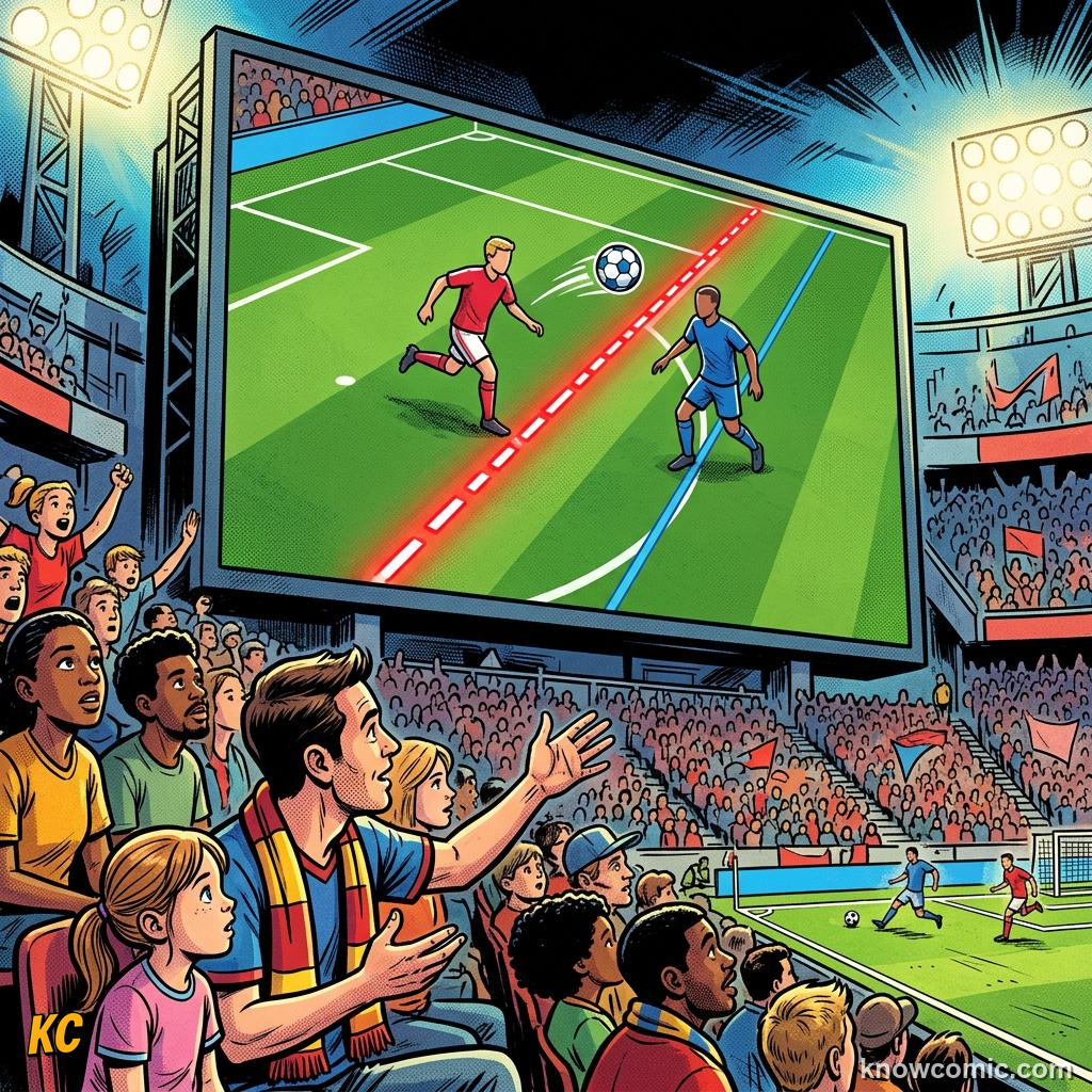 Comic panel titled body point tracking, labelled skeleton, from the KnowComic World Cup 2026 lesson on robot linesmen & auto offside
