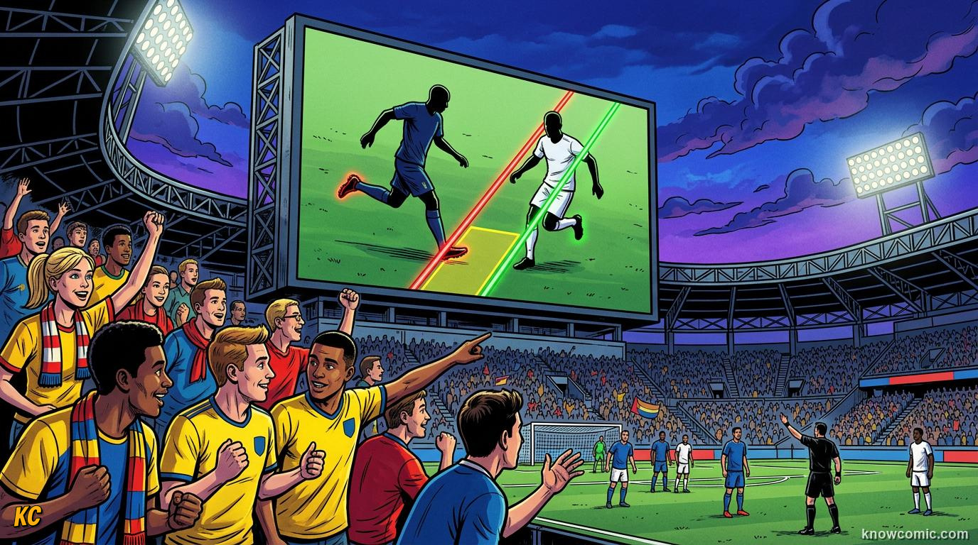 Comic panel titled from data to decision, labelled the line appears, from the KnowComic World Cup 2026 lesson on robot linesmen & auto offside