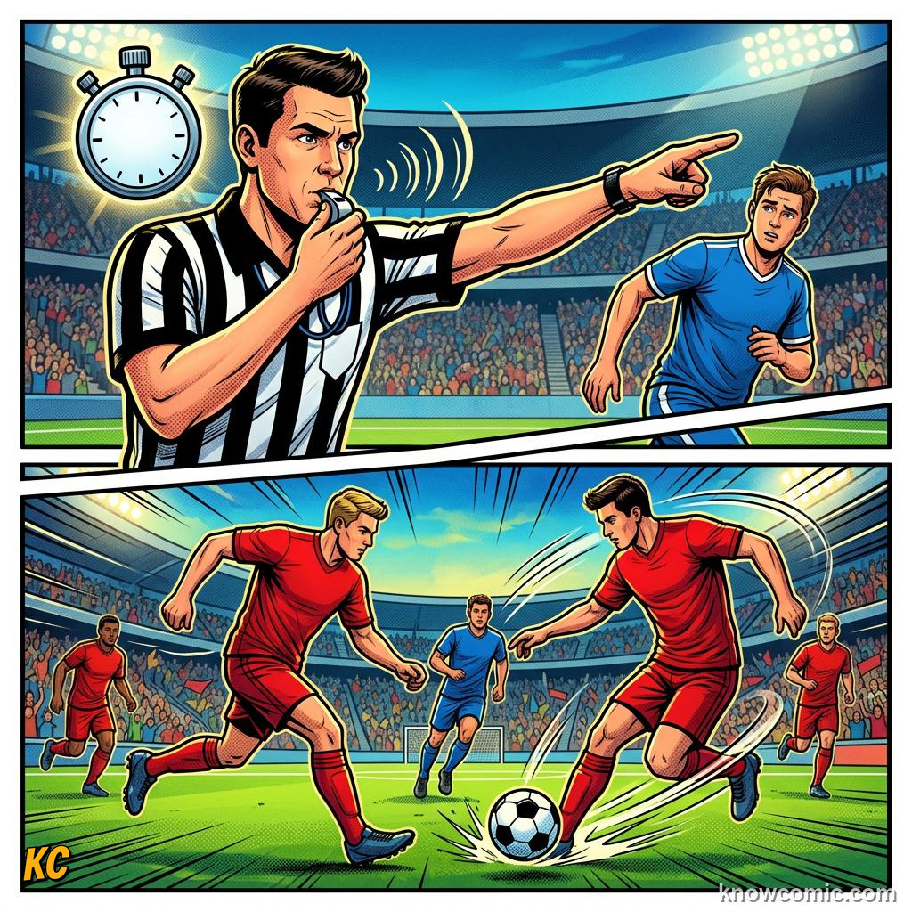 Comic panel titled robot linesmen at world cup 2026, labelled snapshot, from the KnowComic World Cup 2026 lesson on robot linesmen & auto offside