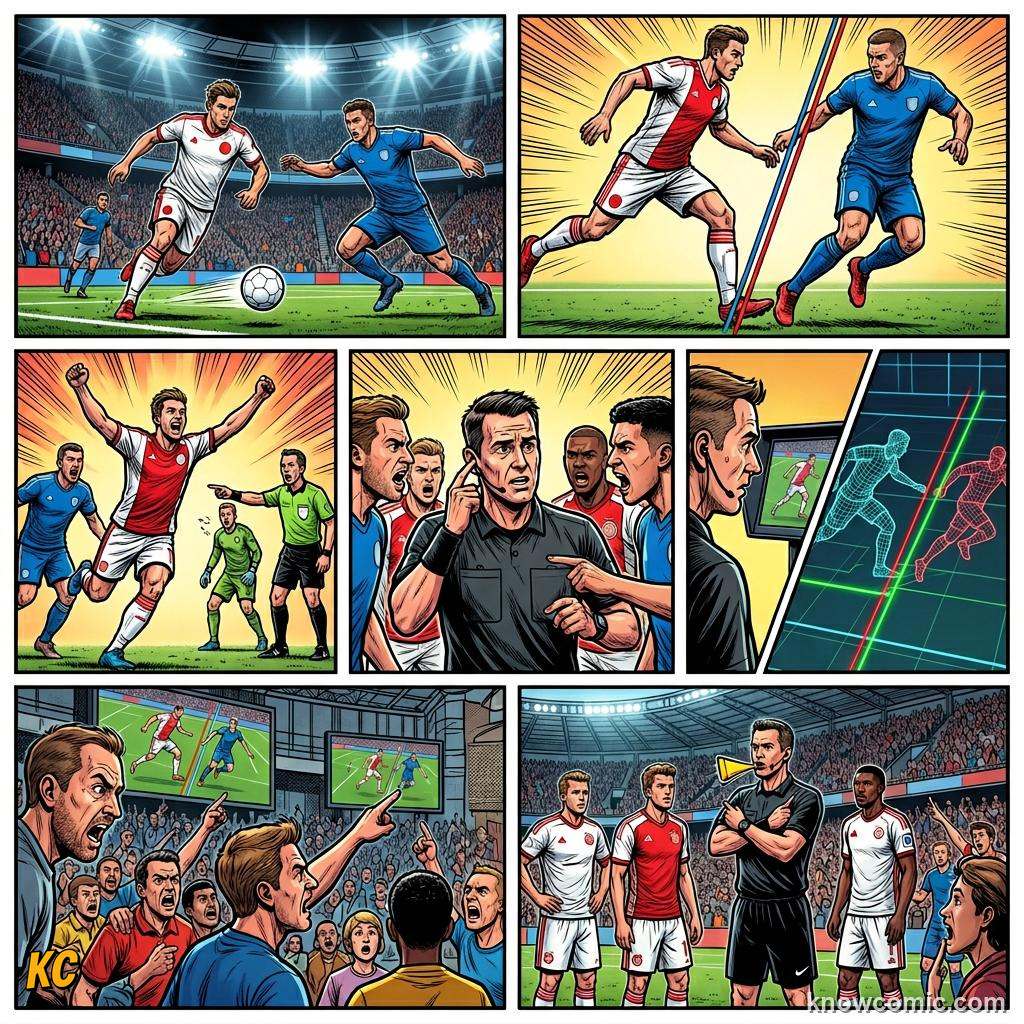 Comic panel titled robot linesmen at world cup 2026, labelled var check, from the KnowComic World Cup 2026 lesson on robot linesmen & auto offside