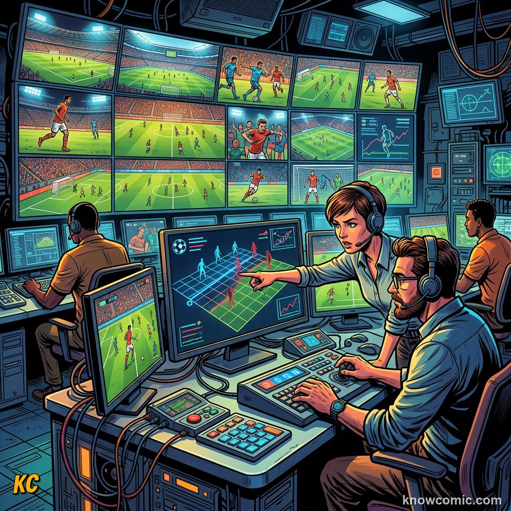Comic panel titled robot linesmen at world cup 2026, labelled speed, from the KnowComic World Cup 2026 lesson on robot linesmen & auto offside