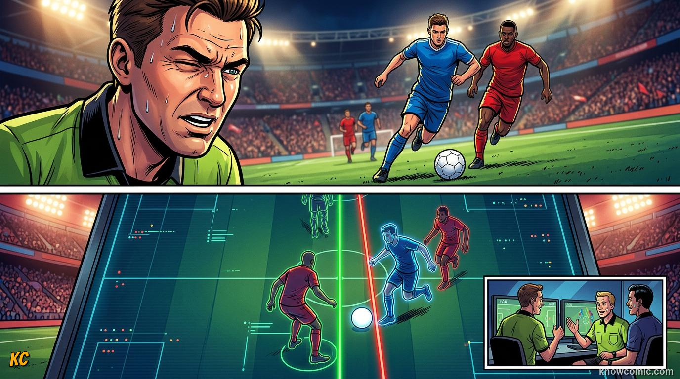 Comic panel titled robot linesmen at world cup 2026, labelled the future, from the KnowComic World Cup 2026 lesson on robot linesmen & auto offside
