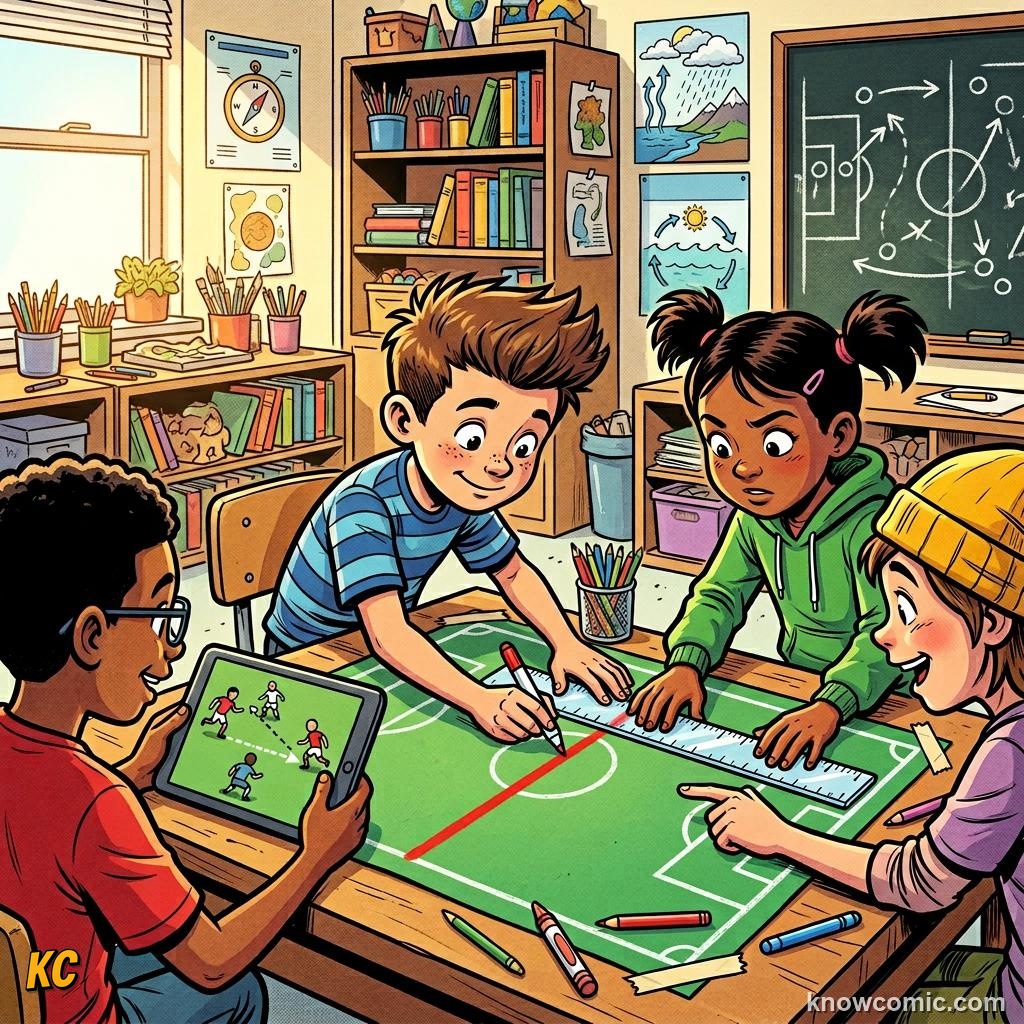 Comic panel labelled pros, illustrating robot linesmen & auto offside in KnowComic's World Cup 2026 series