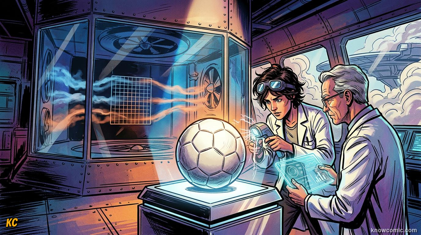 Comic panel titled the world cup ball is engineered, labelled more than leather, from the KnowComic World Cup 2026 lesson on the science of the ball
