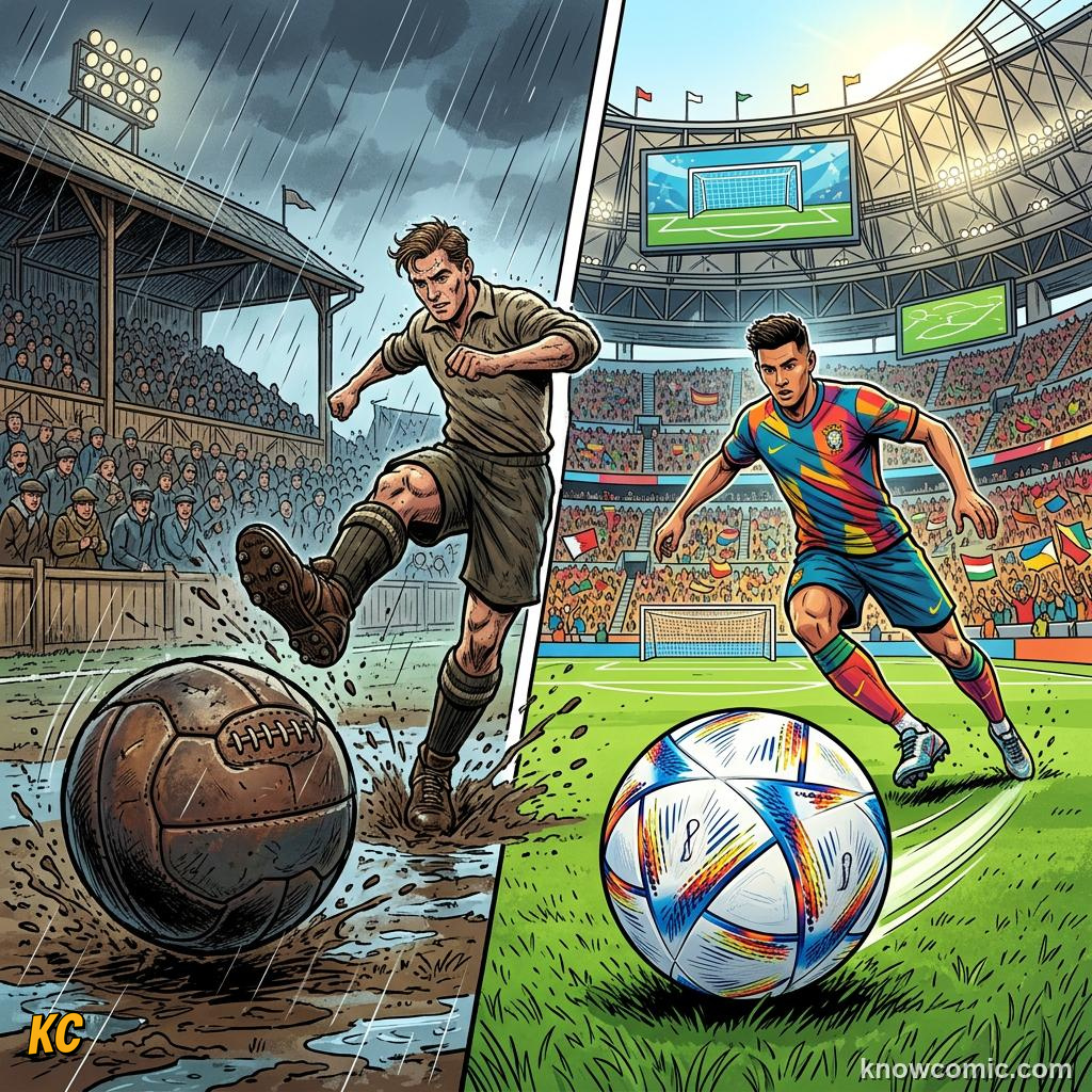 Comic panel titled from 32 panels to fewer seams, labelled engineering, from the KnowComic World Cup 2026 lesson on the science of the ball