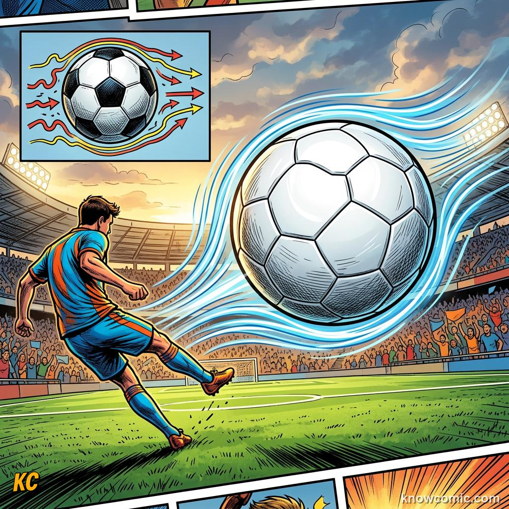 Comic panel titled from 32 panels to fewer seams, labelled flight, from the KnowComic World Cup 2026 lesson on the science of the ball