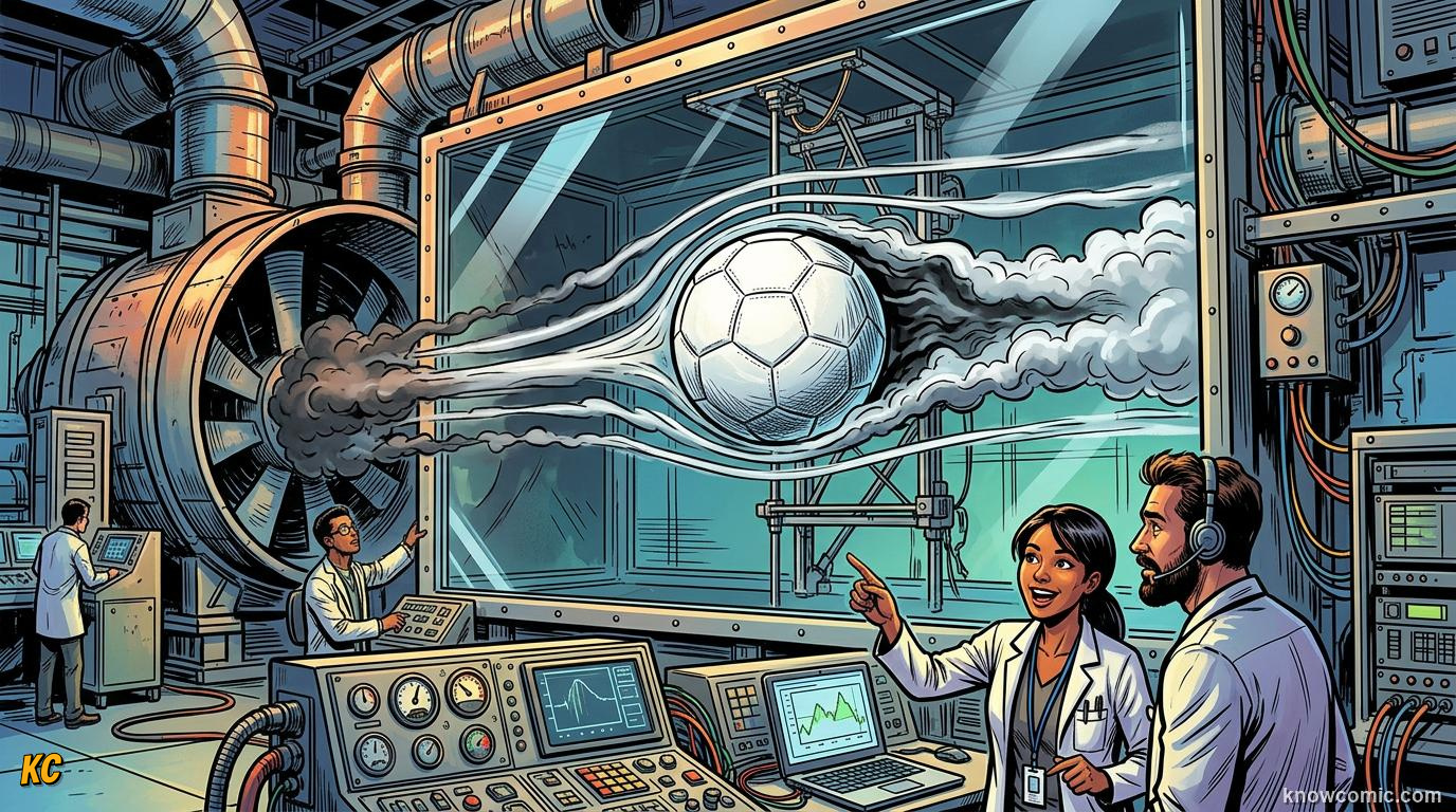 Comic panel titled from 32 panels to fewer seams, labelled panels and seams, from the KnowComic World Cup 2026 lesson on the science of the ball