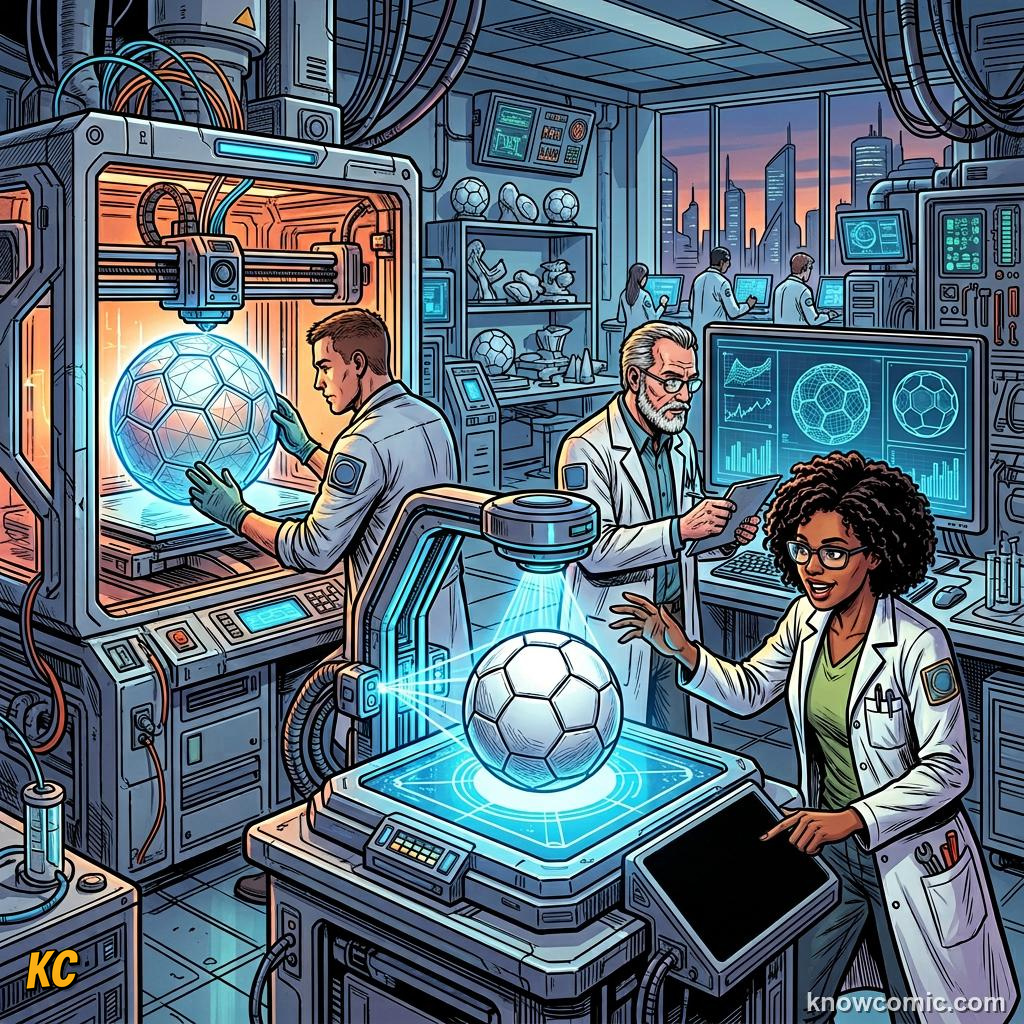 Comic panel titled tested like a spacecraft, labelled sphere, from the KnowComic World Cup 2026 lesson on the science of the ball