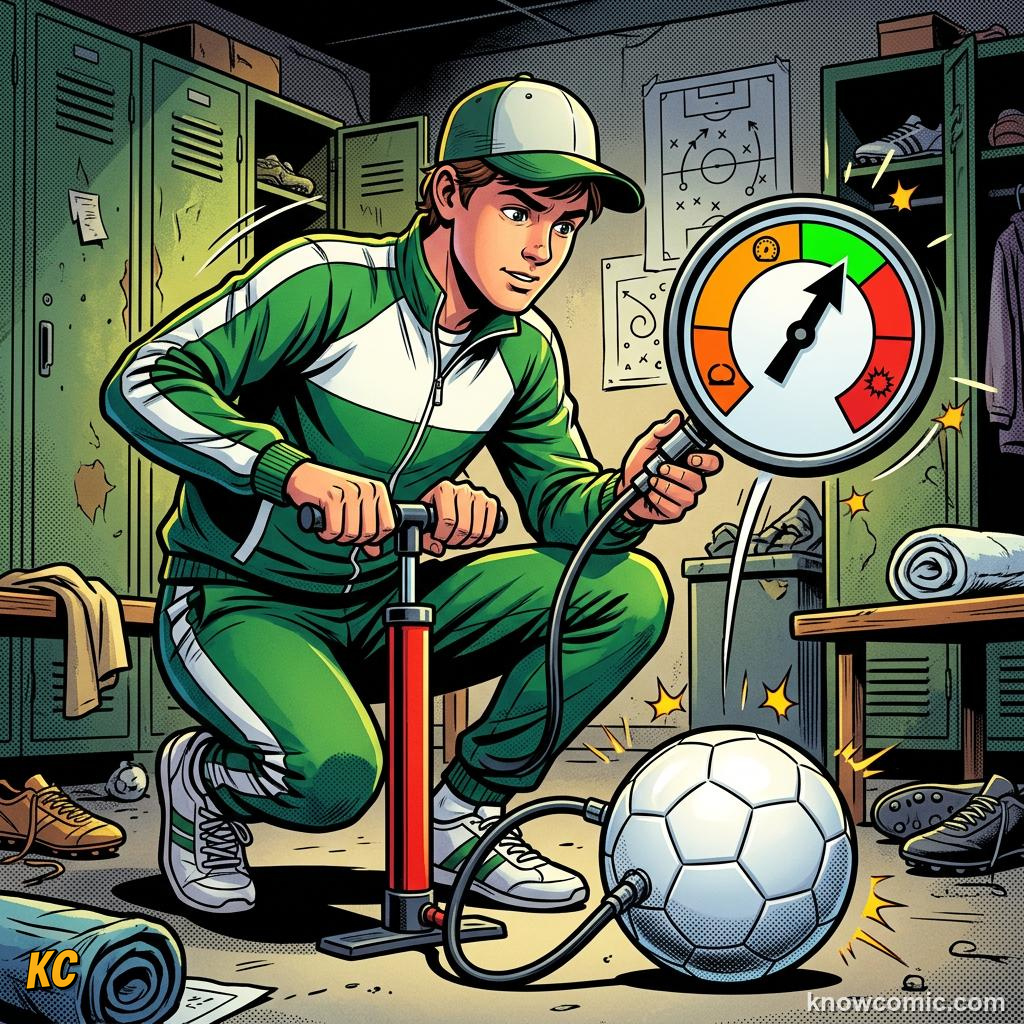 Comic panel titled tested like a spacecraft, labelled seams, from the KnowComic World Cup 2026 lesson on the science of the ball