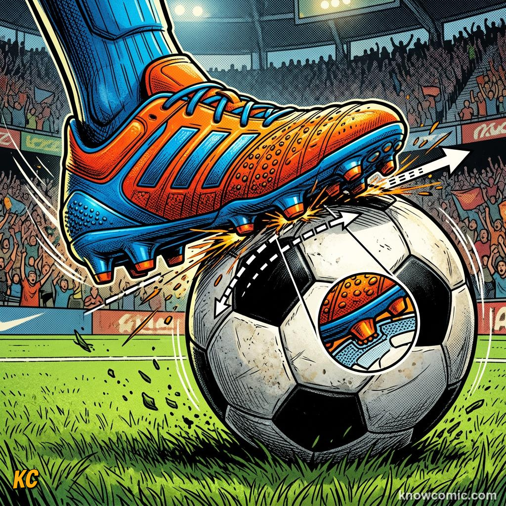 Comic panel titled tested like a spacecraft, labelled colour, from the KnowComic World Cup 2026 lesson on the science of the ball