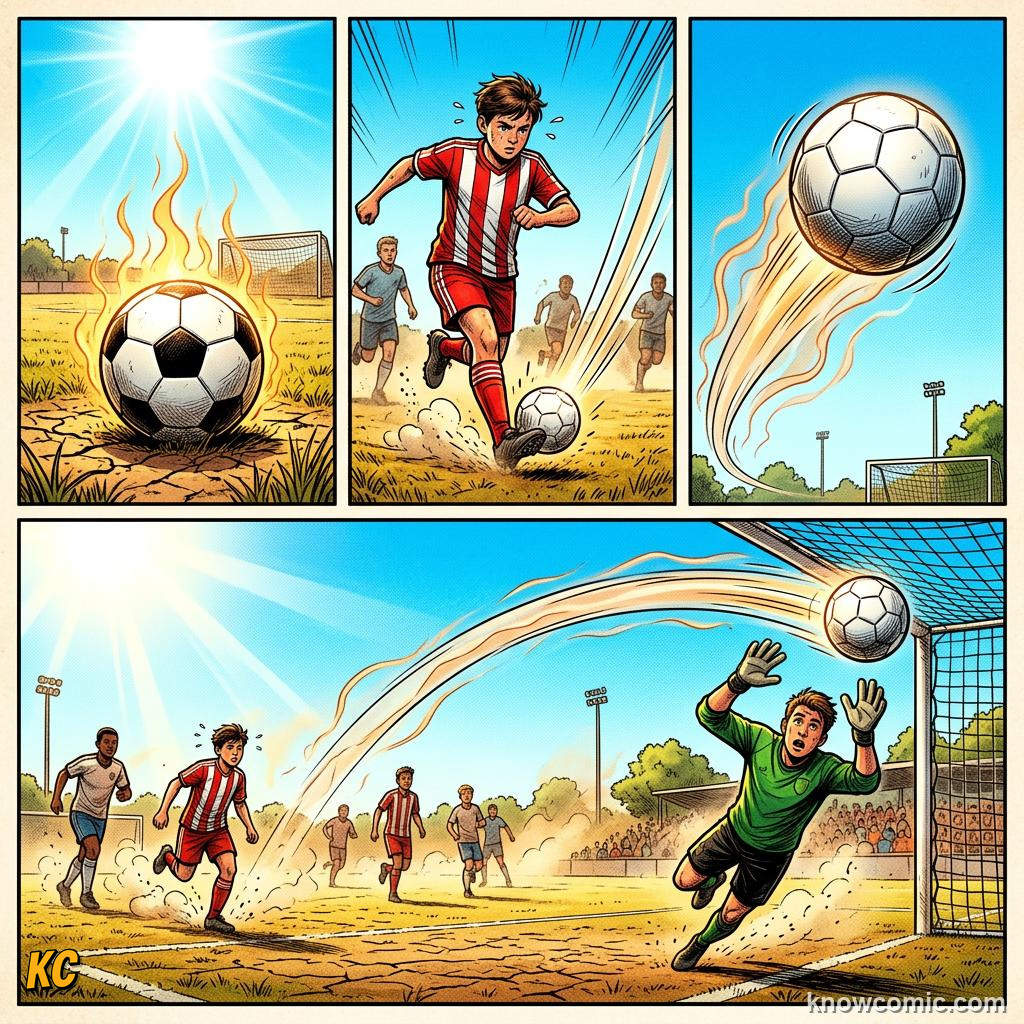 Comic panel titled the ball at world cup 2026, labelled smooth, from the KnowComic World Cup 2026 lesson on the science of the ball