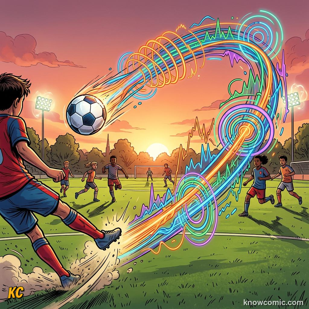 Comic panel titled the ball at world cup 2026, labelled rain, from the KnowComic World Cup 2026 lesson on the science of the ball