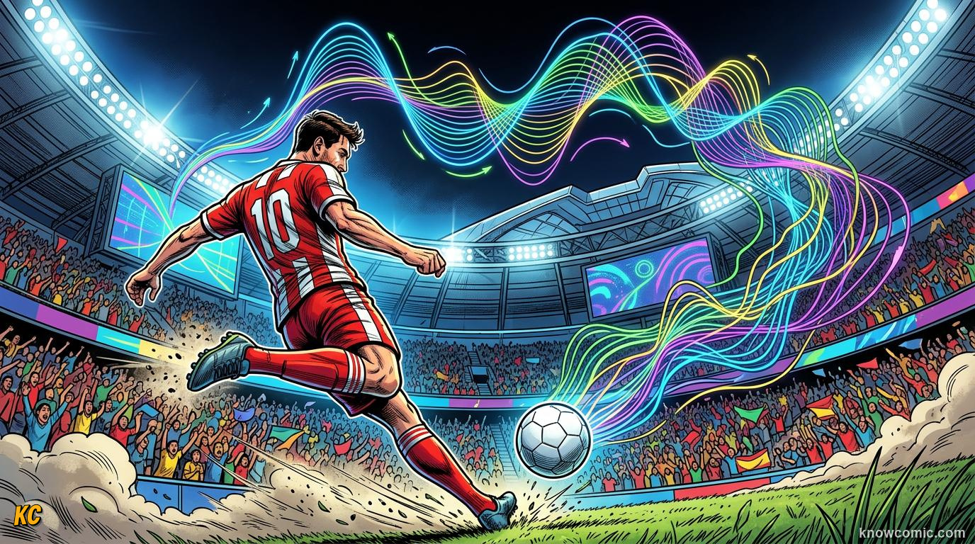 Comic panel titled the ball at world cup 2026, labelled match day, from the KnowComic World Cup 2026 lesson on the science of the ball