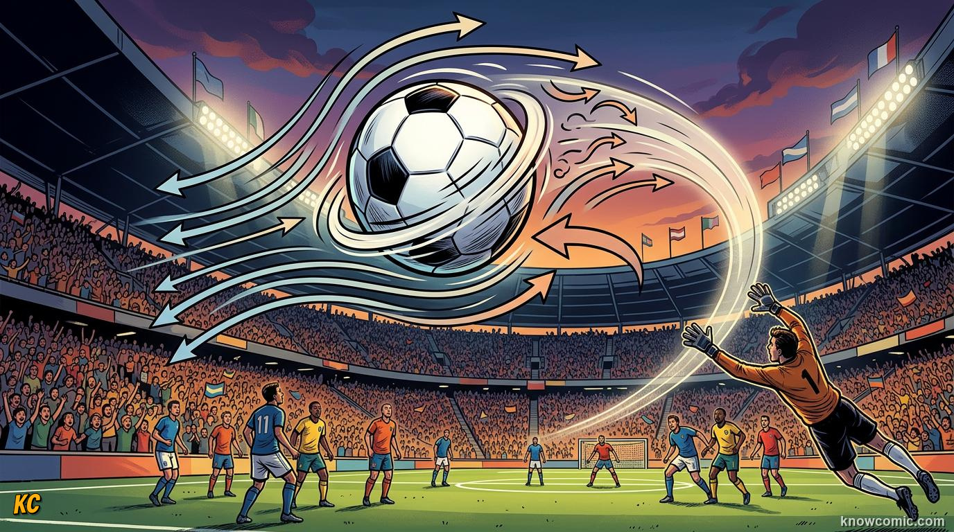 Comic panel titled why balls bend in mid-air, labelled physics magic, from the KnowComic World Cup 2026 lesson on the magnus effect