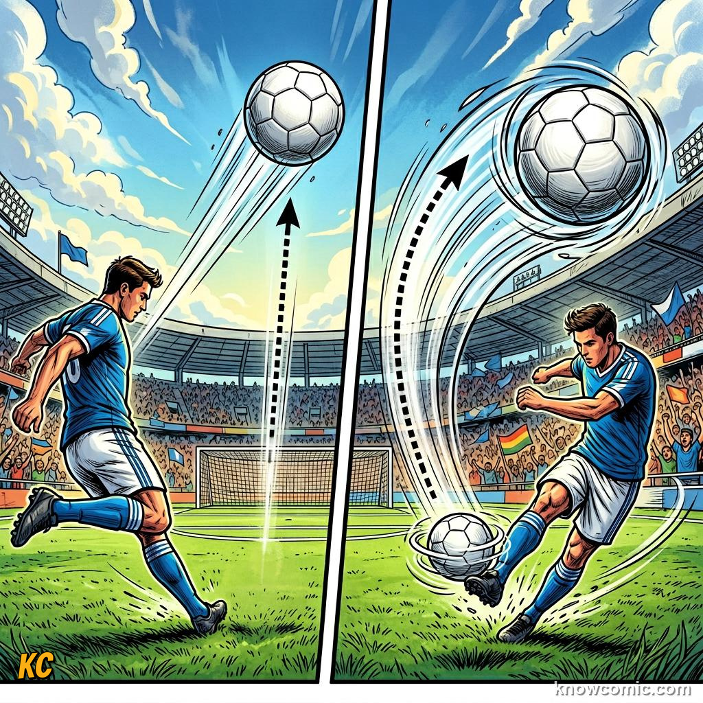 Comic panel titled how players create spin, labelled famous, from the KnowComic World Cup 2026 lesson on the magnus effect