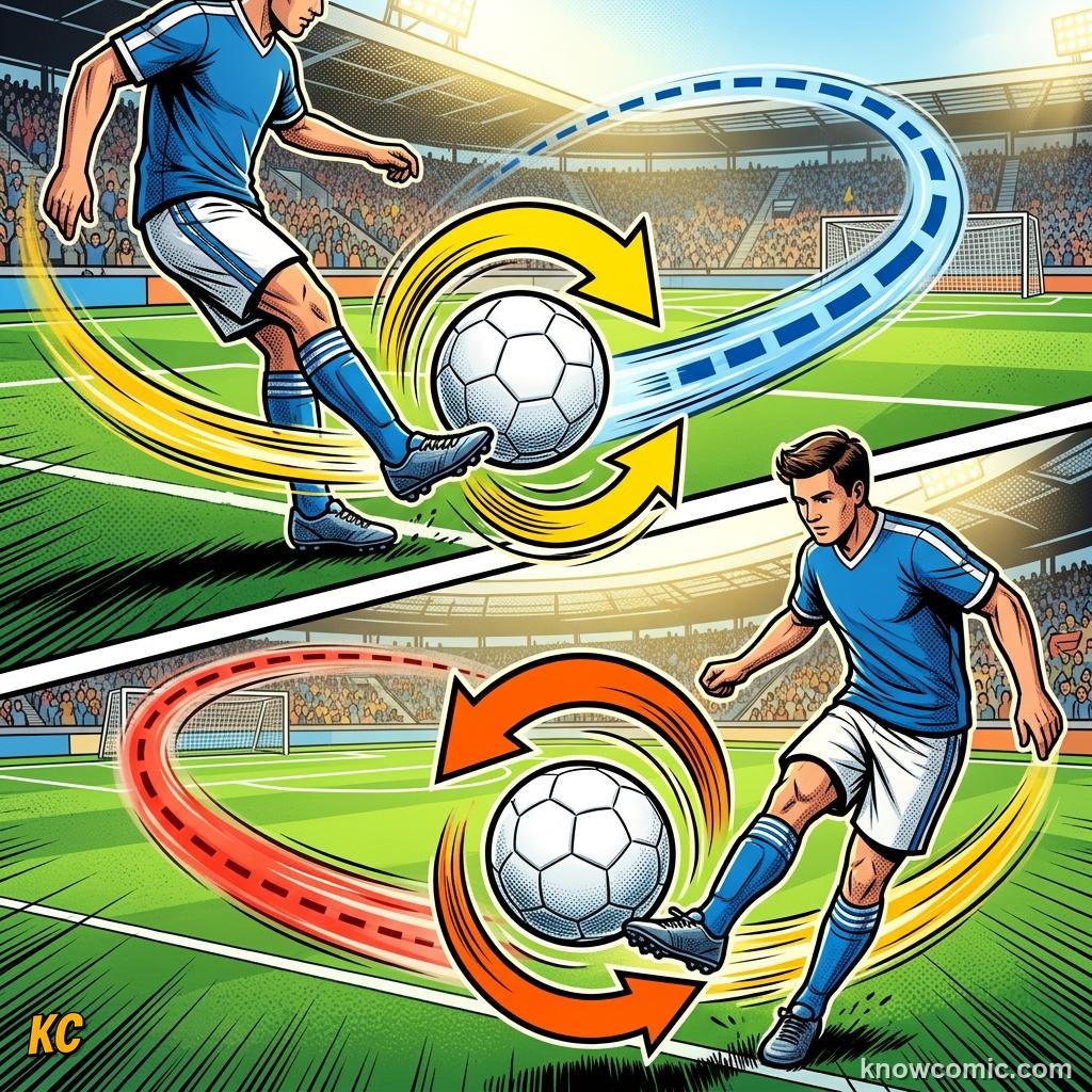 Comic panel titled how players create spin, labelled physics, from the KnowComic World Cup 2026 lesson on the magnus effect