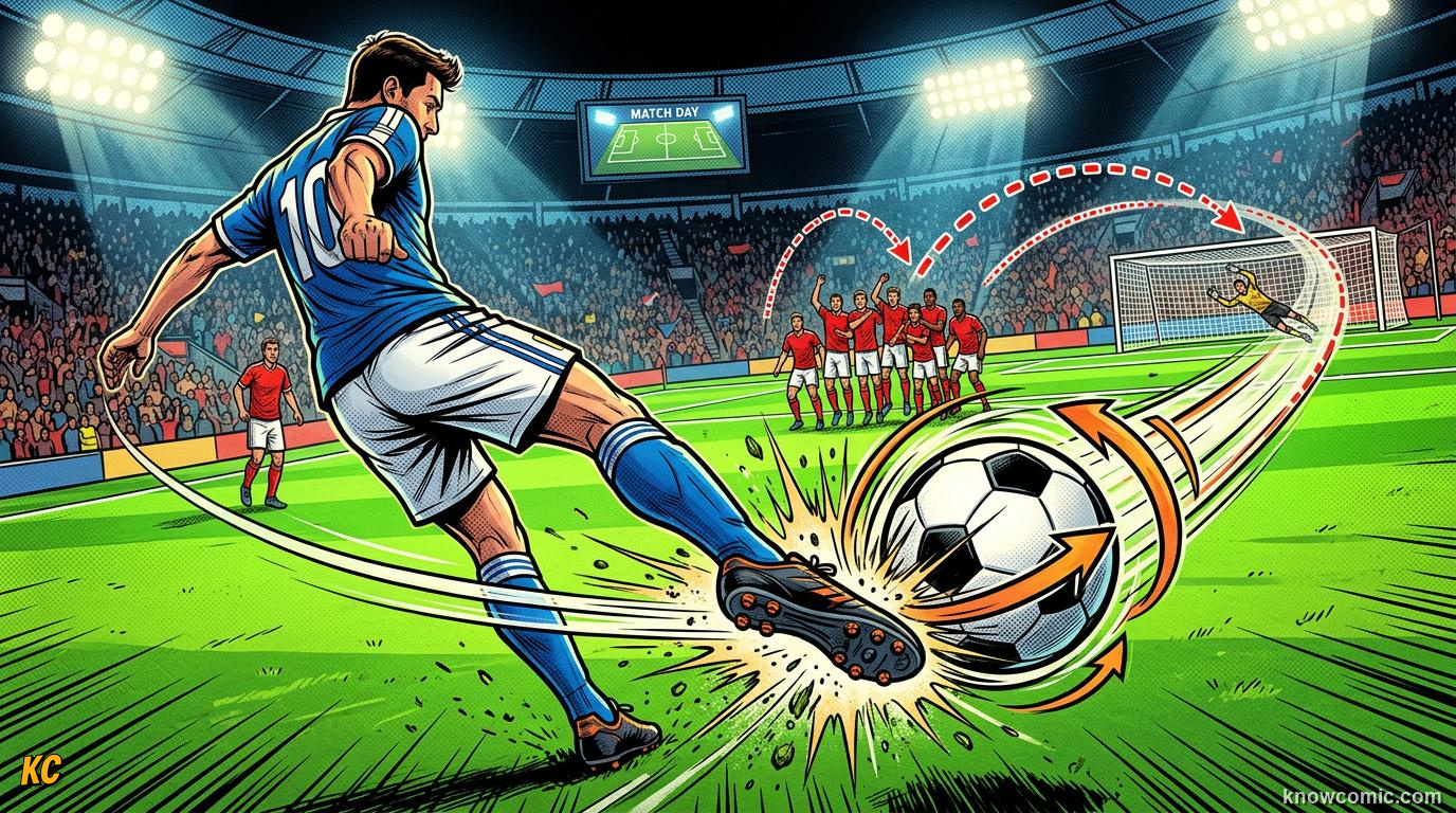 Comic panel titled how players create spin, labelled the kick, from the KnowComic World Cup 2026 lesson on the magnus effect