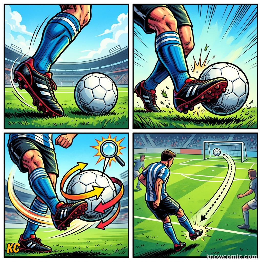 Comic panel titled the science step by step, labelled instep, from the KnowComic World Cup 2026 lesson on the magnus effect