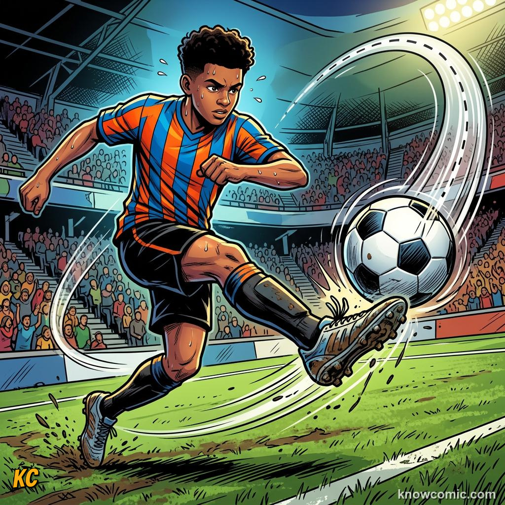 Comic panel titled the science step by step, labelled topspin, from the KnowComic World Cup 2026 lesson on the magnus effect