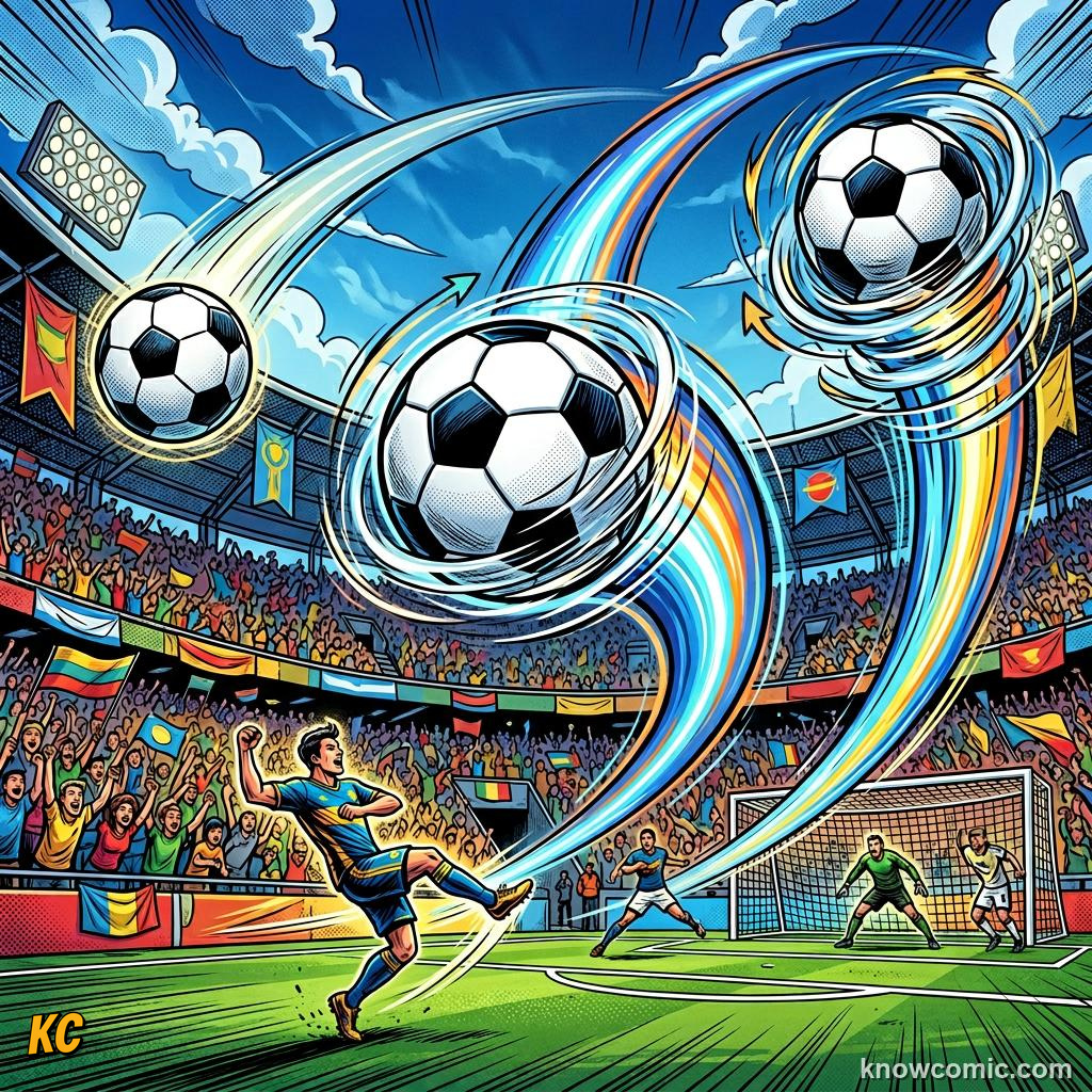 Comic panel titled the science step by step, labelled sidespin, from the KnowComic World Cup 2026 lesson on the magnus effect