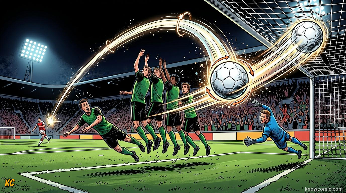 Comic panel titled the science step by step, labelled pressure gap, from the KnowComic World Cup 2026 lesson on the magnus effect