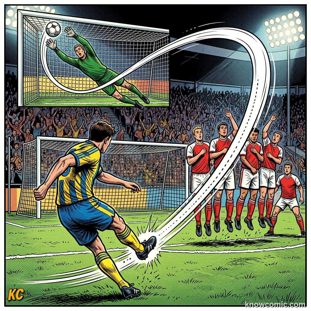 Comic panel titled the science step by step, labelled fast side, from the KnowComic World Cup 2026 lesson on the magnus effect