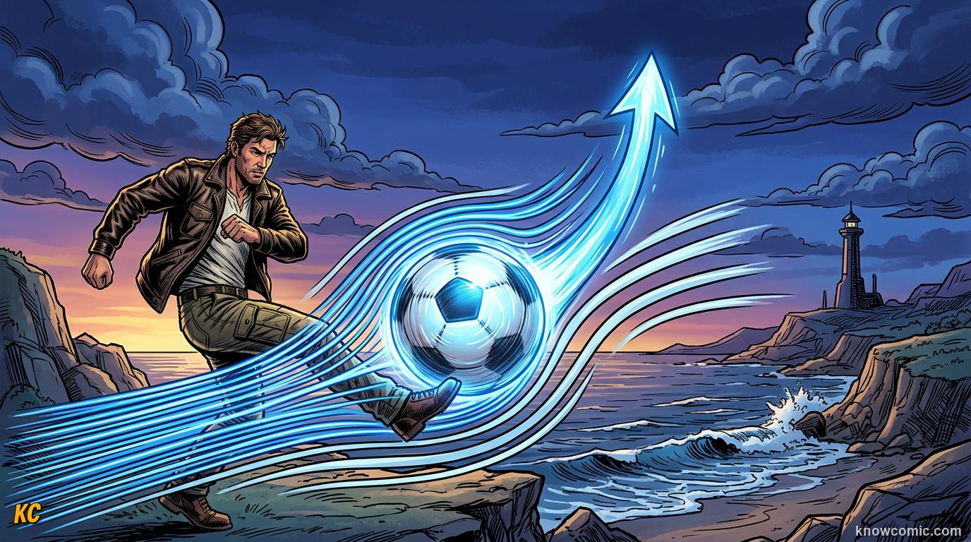 Comic panel titled from wall to top corner, labelled free kick science, from the KnowComic World Cup 2026 lesson on the magnus effect