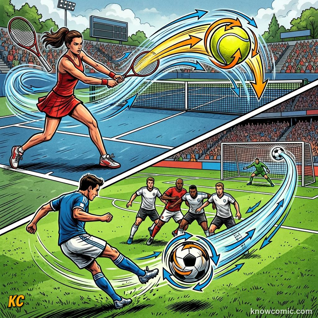 Comic panel titled physics on the biggest stage, labelled wall, from the KnowComic World Cup 2026 lesson on the magnus effect
