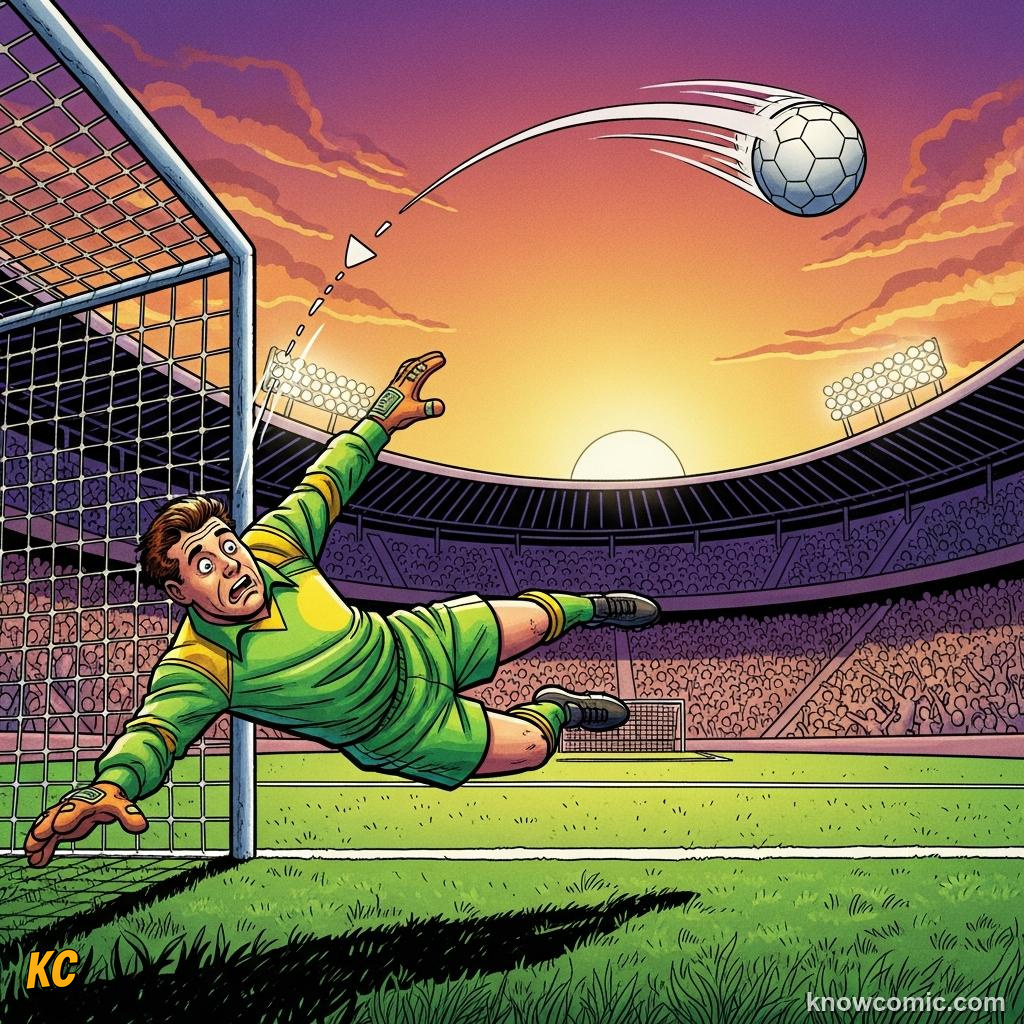 Comic panel titled physics on the biggest stage, labelled crosses, from the KnowComic World Cup 2026 lesson on the magnus effect