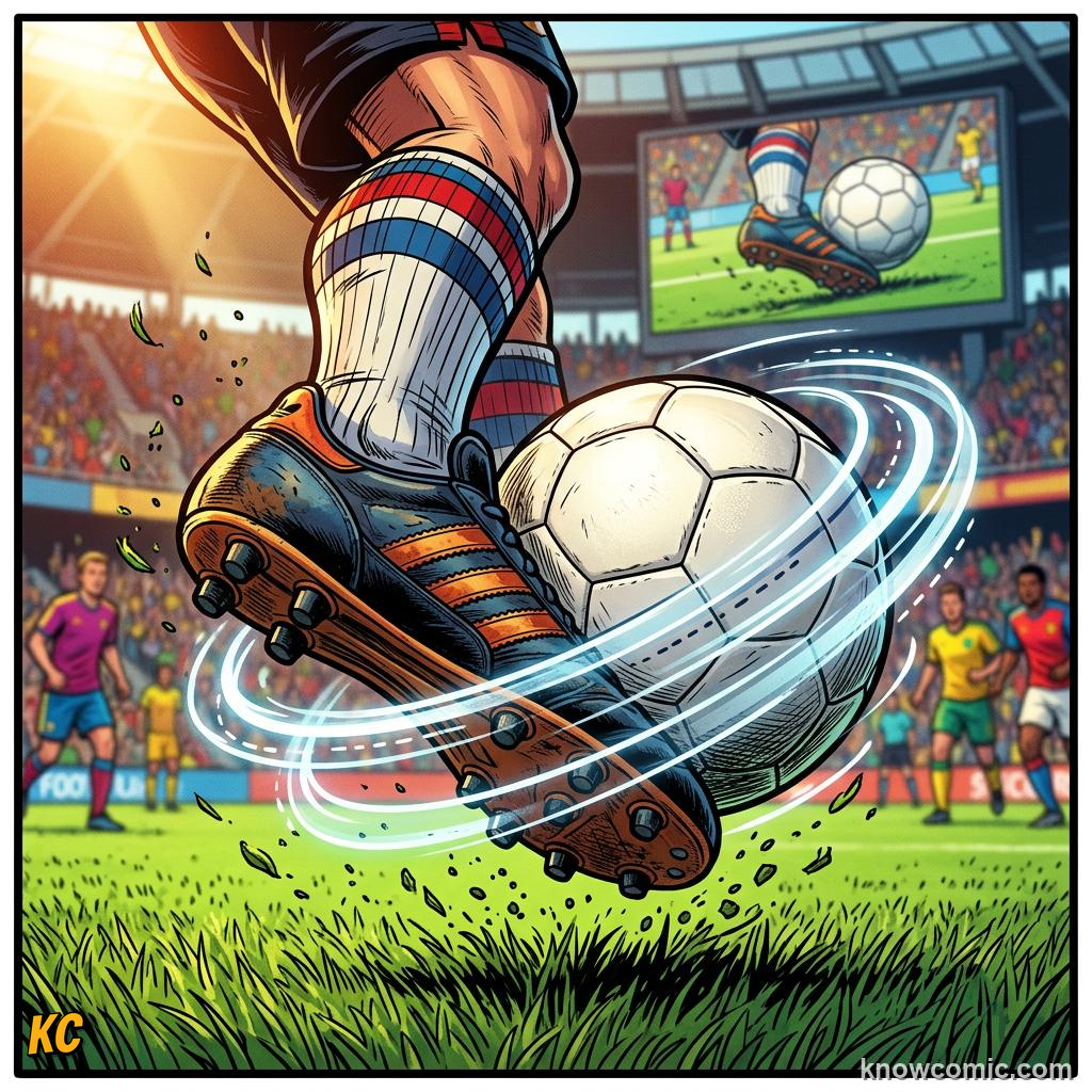 Comic panel titled physics on the biggest stage, labelled wind, from the KnowComic World Cup 2026 lesson on the magnus effect