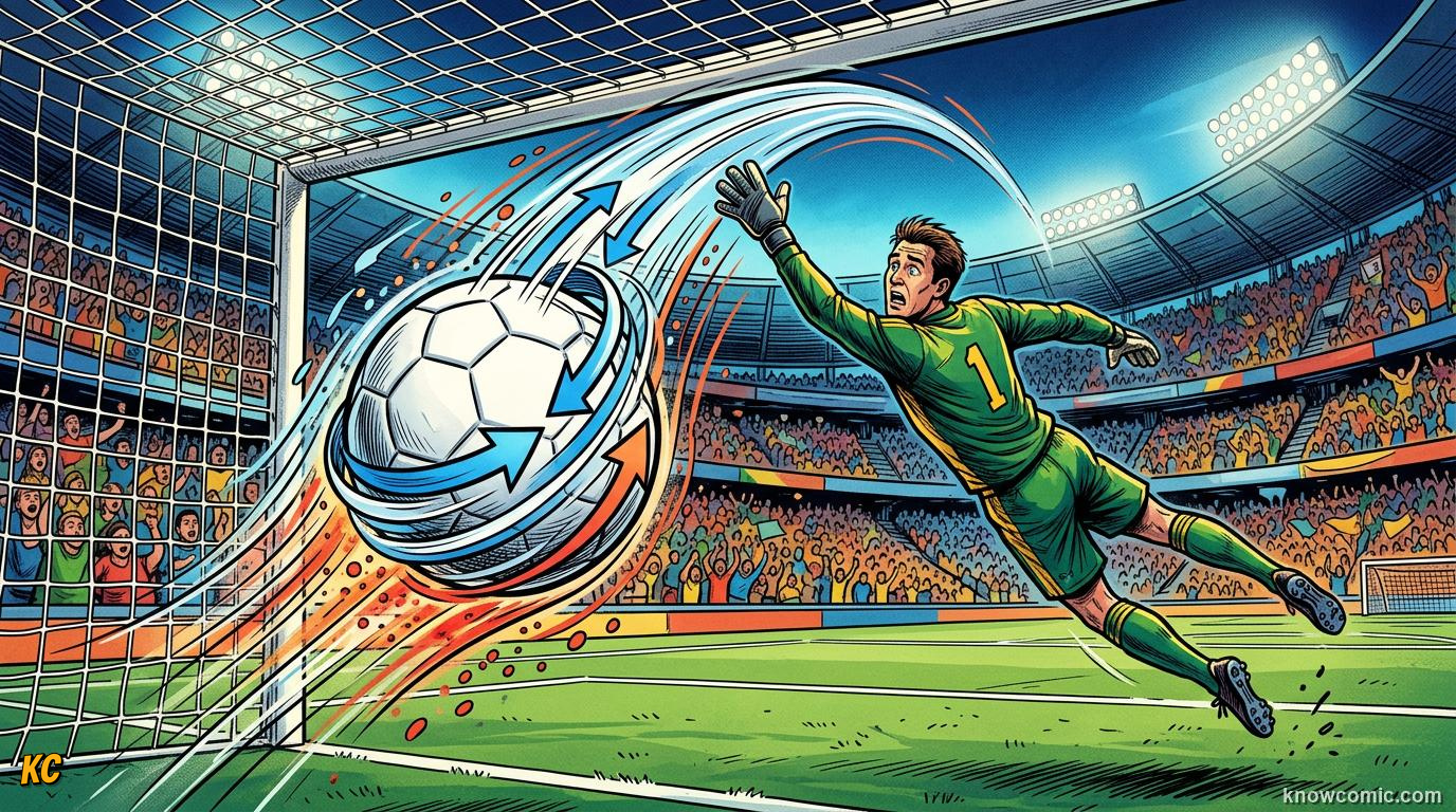 Comic panel titled physics on the biggest stage, labelled the stage, from the KnowComic World Cup 2026 lesson on the magnus effect
