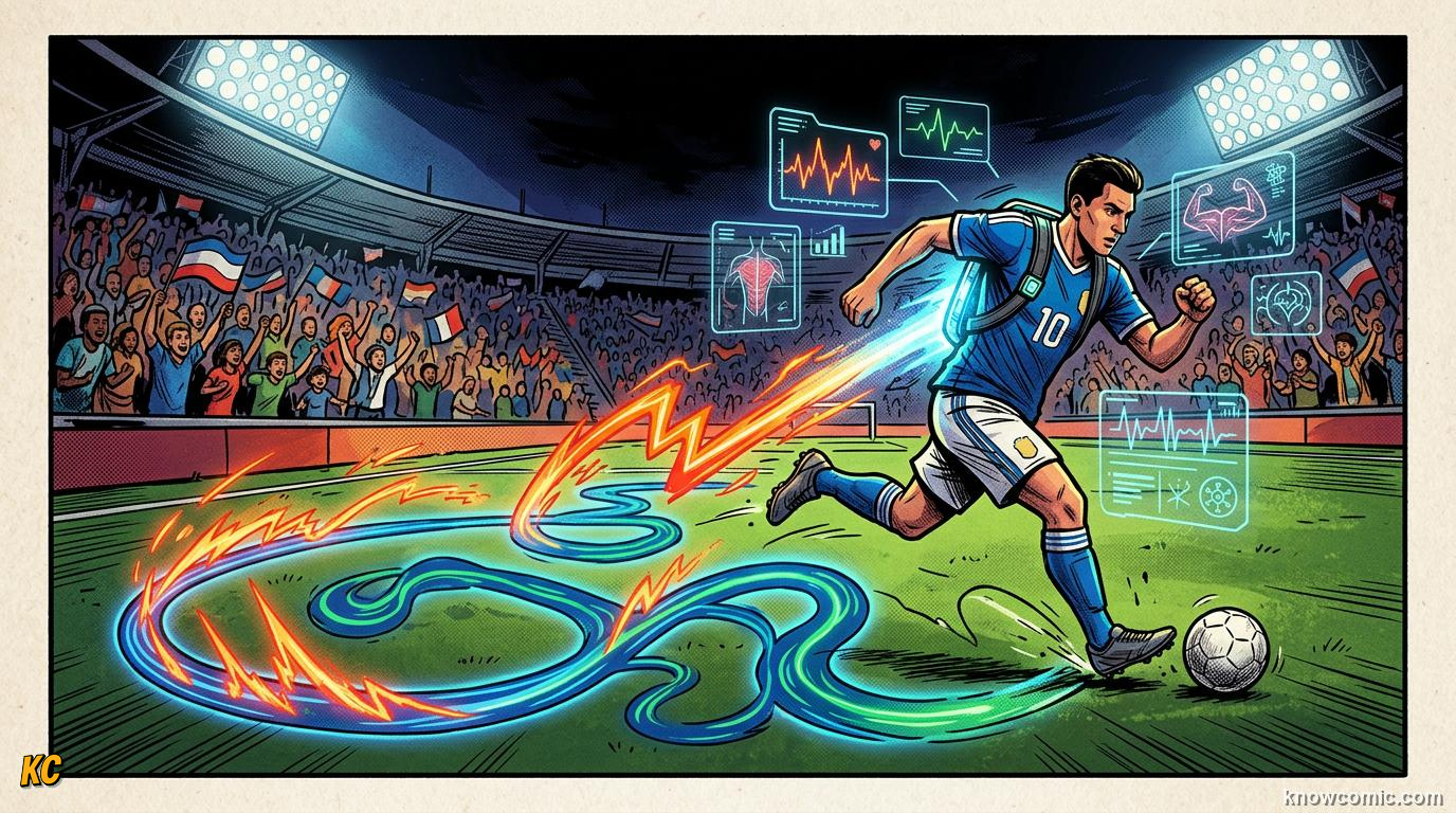 Comic panel titled how far pros really run, labelled match day engine, from the KnowComic World Cup 2026 lesson on footballer fitness - 10 km a match