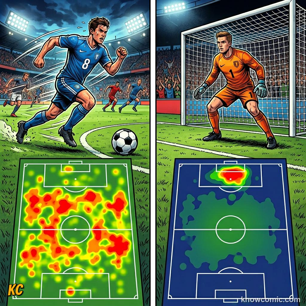 Comic panel titled stop, go, repeat, labelled distance, from the KnowComic World Cup 2026 lesson on footballer fitness - 10 km a match