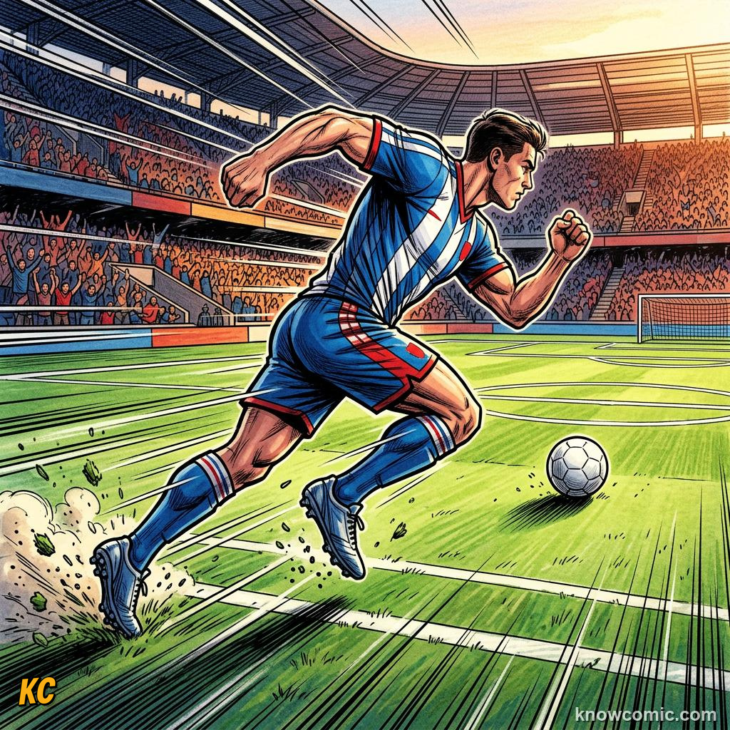 Comic panel titled stop, go, repeat, labelled intensity, from the KnowComic World Cup 2026 lesson on footballer fitness - 10 km a match