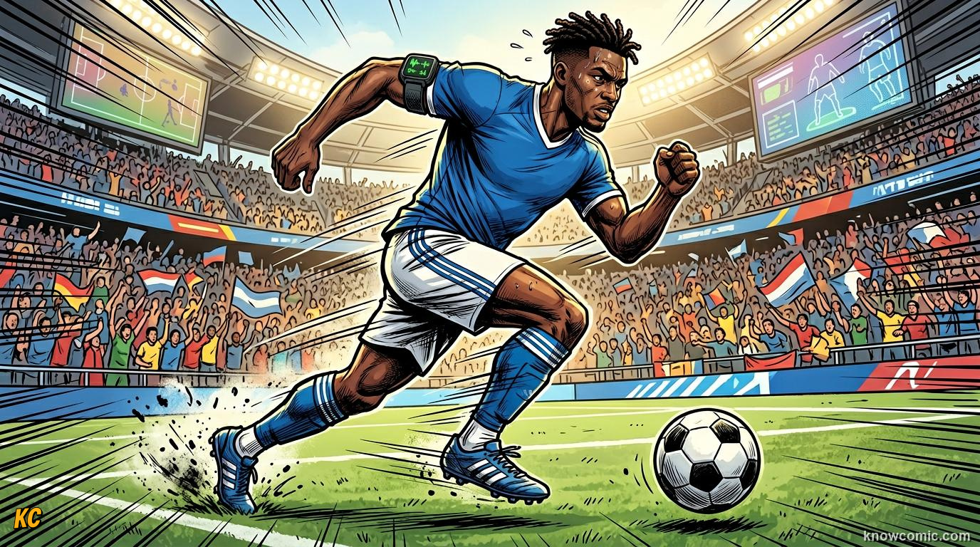 Comic panel titled stop, go, repeat, labelled explosive power, from the KnowComic World Cup 2026 lesson on footballer fitness - 10 km a match